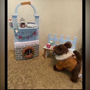 American Girl Wellie Wishers Cocoa Stand With Accessories Bench and Dog